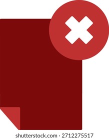 Documento vermelho com ícone de marca cruzada, ilustração vetorial, erro de arquivo ou símbolo de exclusão.