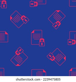 Red Document and lock icon isolated seamless pattern on blue background. File format and padlock. Security, safety, protection concept.  Vector