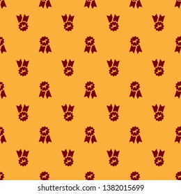 Red Dog award symbol icon isolated seamless pattern on brown background. Medal with dog footprint as pets exhibition winner concept. Vector Illustration