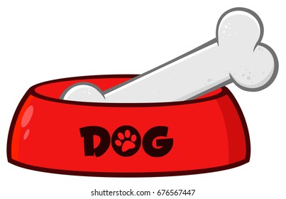 Red Dog Bowl With Animal Food And Bone Drawing Simple Design. Vector Illustration Isolated On White Background