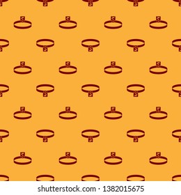 Red Dog collar with name tag icon isolated seamless pattern on brown background. Simple supplies for domestic animal. Cat and dog care. Pet dog chains. Vector Illustration