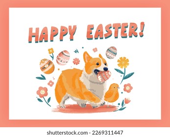 Red dog Corgi Pembroke carries an egg in its mouth. Easter greeting card in handwritten style. Happy easter template with pink, orange rustic floral eggs. Vector illustration. Design layout for invita