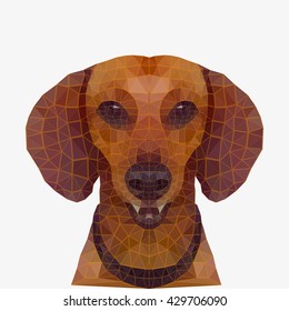 The red dog drawn full face. The dog a dachshund consists of a set of triangles in a manner a triangulation. 
