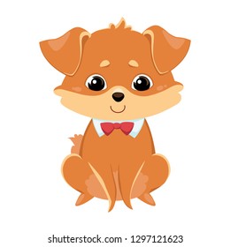 The red dog in an elegant white collar with a red bow sits straight. Color image of a pet. Vector illustration for design, print on t-shirt, bag, notebook, card.