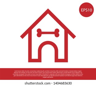 Red Dog house and bone icon isolated on white background. Dog kennel. Vector Illustration