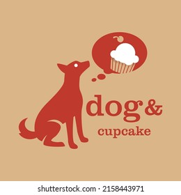 Perro rojo imaginando el quequitos comiendo, silueta de perro y icono vectorial de cupcakes