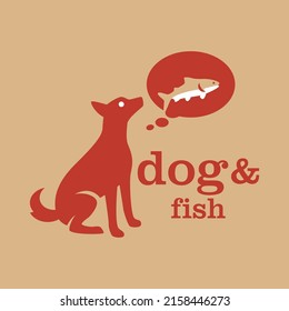 Red Dog Imagining Eating Fish, Dog Silhouette And Fish Vector Icon Illustration