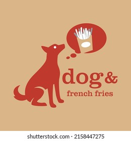 Red dog imagining eating french fries, Dog silhouette and french fries vector icon illustration