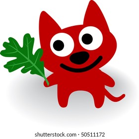 Red dog with leaf of oak tree.