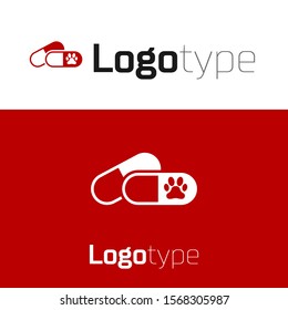 Red Dog and pills icon isolated on white background. Prescription medicine for animal. Logo design template element. Vector Illustration