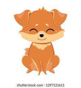 The red dog sits and smiles. Color image of a pet. Vector illustration for design, print on t-shirt, bag, notebook, card.