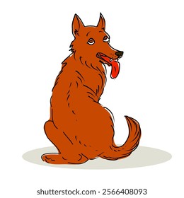 Red dog sits with tongue hanging out and looking back. Vector hand draw illustration.