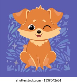 The red dog sits and winks and shows tongue. Color image of a pet on blue background with patterns. Vector illustration for design, print on t-shirt, bag, notebook, card.