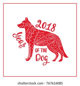 Red Dog is a symbol 2018. Chinese new year. Dog silhouette in zentangle style. Vector illustration.