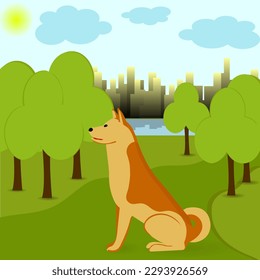 A red dog without an owner sits on a path in a city park. Vector image