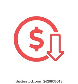 Rote-Dollar-Münze mit einem Abwärtspfeil, der einen Währungsrückgang, eine Abwertung oder einen finanziellen Verlust darstellt.