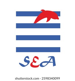 The red dolphin on blue waves and the word SEA