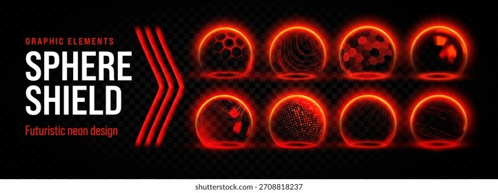 Cúpula roja con protector de esfera y hexágono. Pelota de barrera con célula y cúpula. El rojo protege la capa geométrica del seguro del virus inmune de neón redondo del bloqueador solar de la fuerza de la luz del sol del campo del efecto 3d.