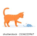 Red domestic cat playing with automatic toy mouse. Activity for indoor pet. Interactive cat supplies and accessories. Flat style vector