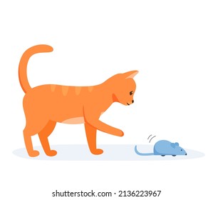 Red domestic cat playing with automatic toy mouse. Activity for indoor pet. Interactive cat supplies and accessories. Flat style vector