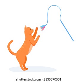 Red domestic cat playing with feather toy wand. Game activity for indoor pet. Cat supplies and accessories. Flat style vector 