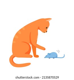 Red domestic cat playing with toy mouse. Activity for indoor pet. Cat supplies and accessories. Flat style vector 