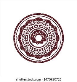Red donut icon inside distress rubber seal with grunge texture