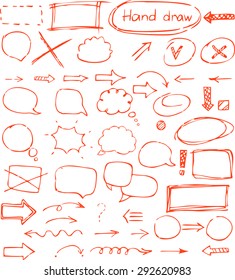 Red Doodle arrows, talk bubble, question, exclamation mark, tick, cross. Vector.