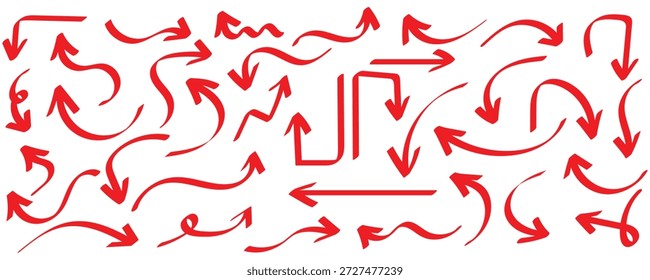 Red doodle arrows vector set, hand drawn curved, wavy, loop, spiral, crayon style directional arrow collection.  Arrow collection on white background . Scribble signs pointing in various directions. 