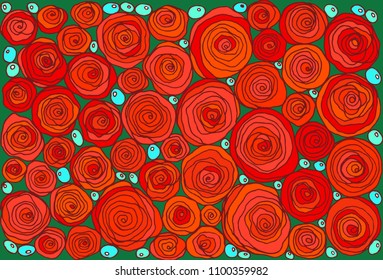 Red doodle cartoon simple roses. Floral art graphic page. Vector illustration.