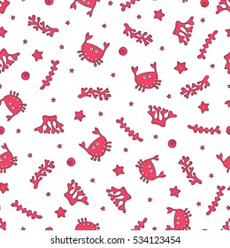 Red doodle crabs. Vector seamless pattern with hand drawn crabs, shells and corals. On white backdrop. Sea pattern.