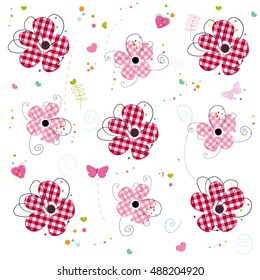 Red doodle flowers with plaid texture pattern background vector illustration