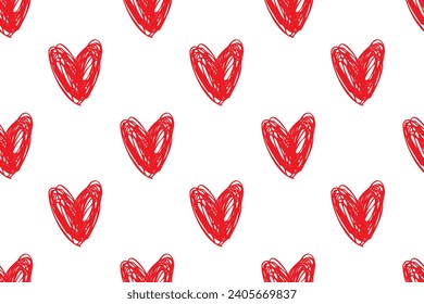 Red doodle hand drawing. Lovely love  heart. St. Valentine's Day. Romantic feelings, passion. Seamless vector pattern for design and decoration.