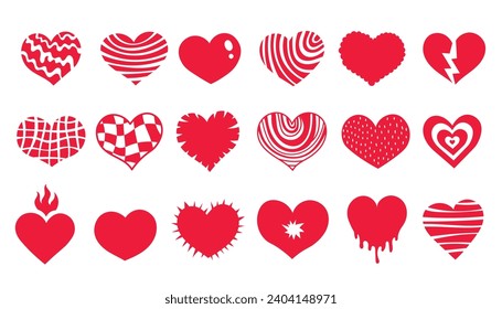 Red doodle heart shapes vector set. Collection of various hand drawn love symbols and signs for wedding and Valentines day design, greeting card, print, stickers.