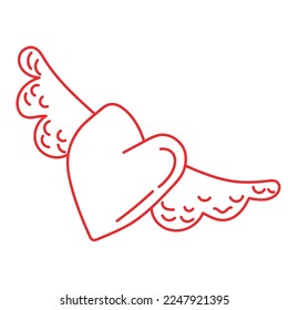 Red Doodle heart with wings hand drawn. Valentine's day holiday ornamental decor element. Good for greeting card, tattoo design. Isolated on white background. Vector Illustration