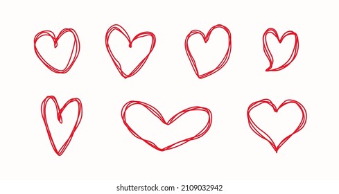 Red doodle hearts. Hand drawn heart shapes set