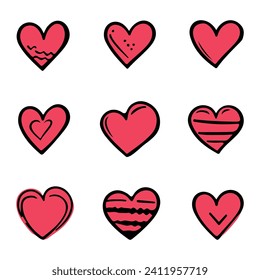 Red doodle hearts, hand drawn love heart collection isolated on white background. Vector illustration for any design