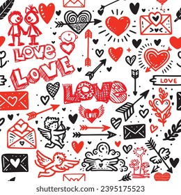Red doodle lines hand drawn love hearts and different valentine day romantic symbols signs seamless pattern . Vector drawing Love icons isolated design on white background. Love couple, hearts, arrows