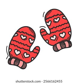 Red doodle mittens vector isolated. Hand-drawn winter clothing. Cozy and warm mittens. Cold season.