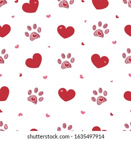 Red doodle paw print with hearts. Happy Valentine's day, Mother's Day seamless fabric design pattern background vector