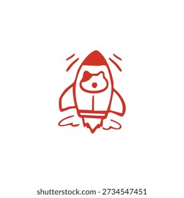 Un doodle rojo de un cohete con una cara, lanzándose con llamas.