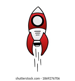 Red doodle rocket, spaceship launch isolated on white background.