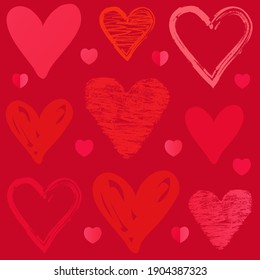 Red doodle sketch heart pattern on pink background. Cute scribble hearts rose, red and pink colors for valentine's day banner or wedding party invitation