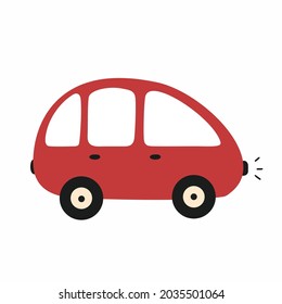Red doodle style car on white background. Illustration of car for children book or printing on clothes. Vector cute icon.