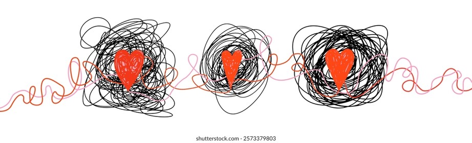 Red doodle vector hearts in black tangled balls, curvy and wavy black swirly lines, minimal banner or greeting card design