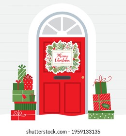 red door with christmas wreath greeting card design