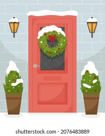 Red door with christmas wreath, snow and fir. Merry Christmas. Flat cartoon style vector illustration.