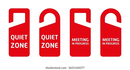 Red door hanger signs set with white text: “Quiet Zone” and “Meeting in Progress,” in various shapes. Vector illustration, isolated on white.