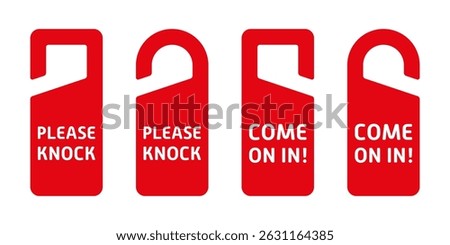Red door hangers set with white text: “PLEASE KNOCK” and “COME ON IN!” in bold font, with two different hanger shapes per message.