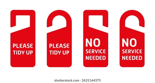 Red door hangers with white text: “PLEASE TIDY UP” and “NO SERVICE NEEDED” in different shapes, ideal for hotel or hospitality use.